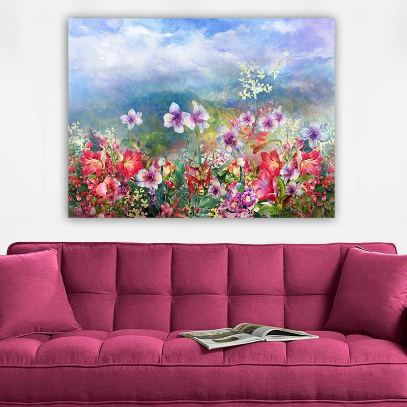 Lerretsbilde 70x100 cm - Fargerik blomstereng med forskjellige blomster i livlige nyanser - Rød / Lilla / Grønn - Innredning - Bilder & kunst - Lerretsbilder