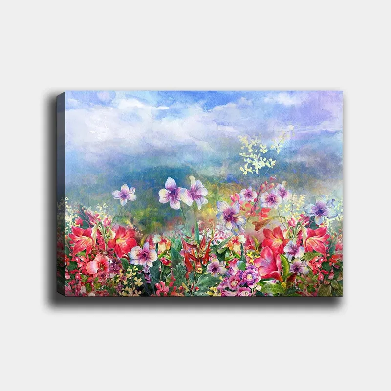 Lerretsbilde 70x100 cm - Fargerik blomstereng med forskjellige blomster i livlige nyanser, Rød / Lilla / Grønn