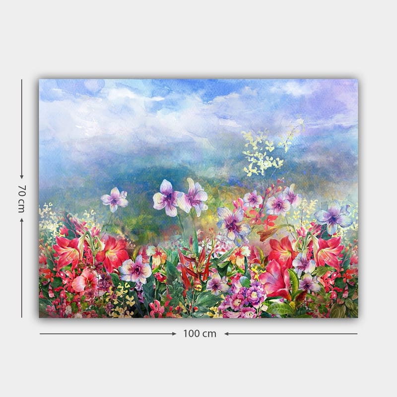 Lerretsbilde 70x100 cm - Fargerik blomstereng med forskjellige blomster i livlige nyanser - Rød / Lilla / Grønn - Innredning - Bilder & kunst - Lerretsbilder
