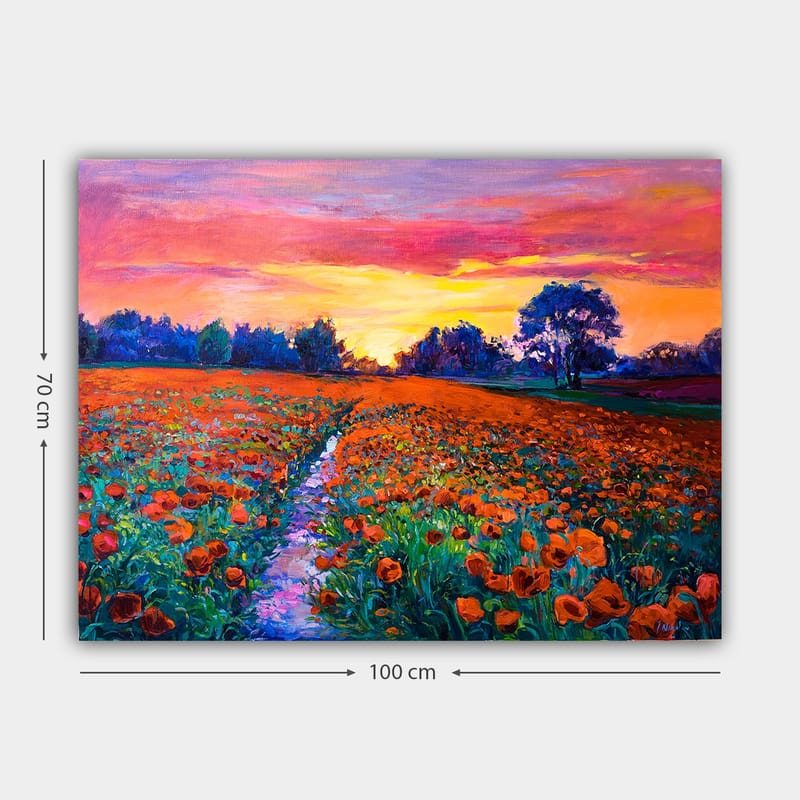 Lerretsbilde 70x100 cm - Fargerik blomstereng med valmuer under en solnedgang - Oransje / Grønn / Lilla - Innredning - Bilder & kunst - Lerretsbilder
