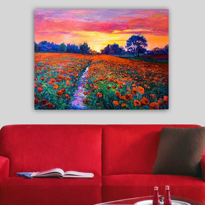 Lerretsbilde 70x100 cm - Fargerik blomstereng med valmuer under en solnedgang - Oransje / Grønn / Lilla - Innredning - Bilder & kunst - Lerretsbilder