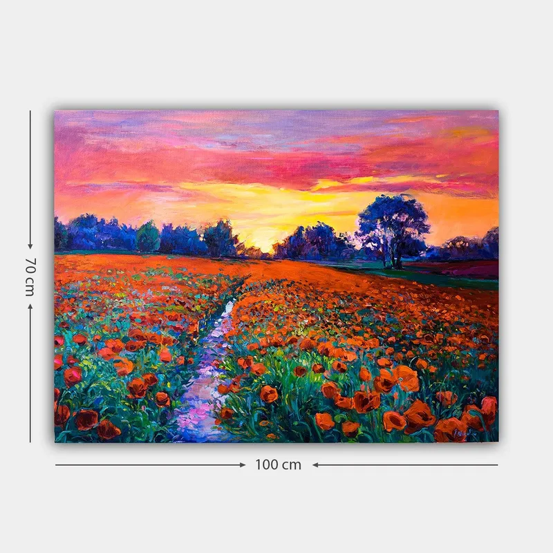 Lerretsbilde 70x100 cm - Fargerik blomstereng med valmuer under en solnedgang - Oransje / Grønn / Lilla - Innredning - Bilder & kunst - Lerretsbilder