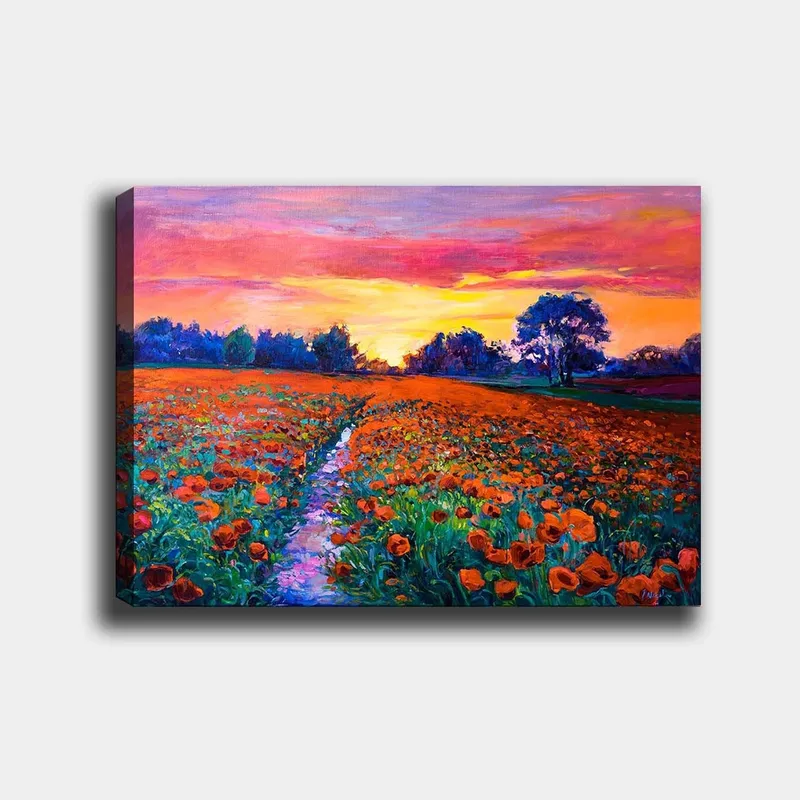Lerretsbilde 70x100 cm - Fargerik blomstereng med valmuer under en solnedgang, Oransje / Grønn / Lilla