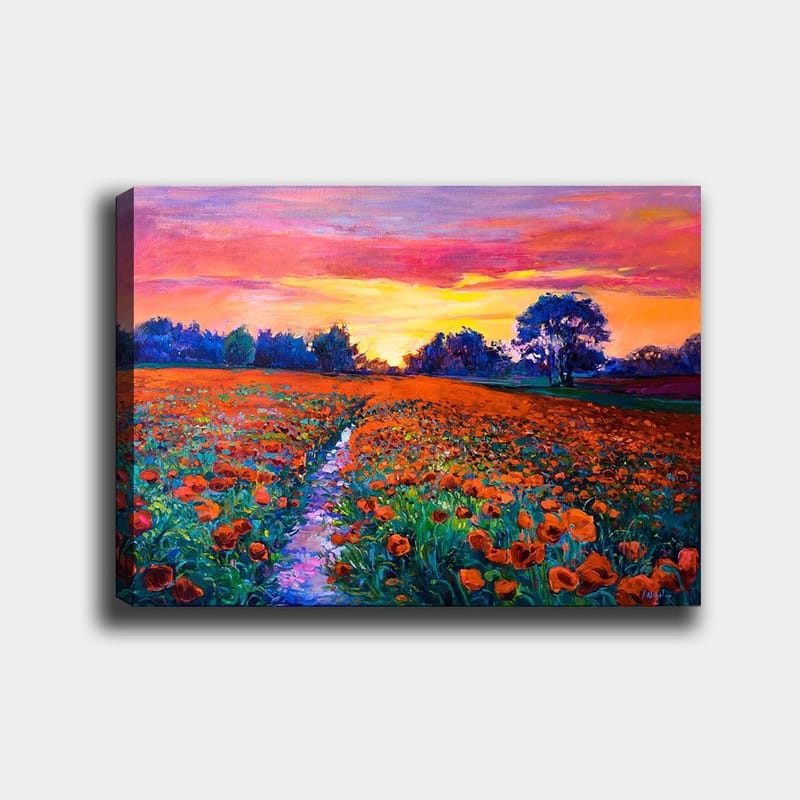 Lerretsbilde 70x100 cm - Fargerik blomstereng med valmuer under en solnedgang, Oransje / Grønn / Lilla