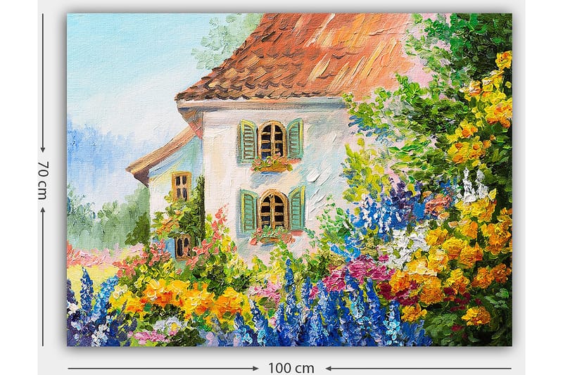 Lerretsbilde 70x100 cm - Fargerik blomsterhage foran et sjarmerende hus med skodder - Gul / Blå / Grønn - Innredning - Bilder & kunst - Lerretsbilder