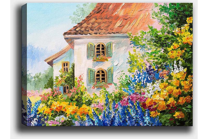 Lerretsbilde 70x100 cm - Fargerik blomsterhage foran et sjarmerende hus med skodder - Gul / Blå / Grønn - Innredning - Bilder & kunst - Lerretsbilder