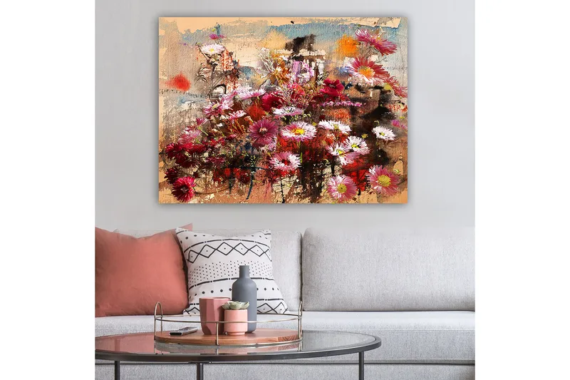Lerretsbilde 70x100 cm - Fargerik blomsterkomposisjon i forskjellige nyanser som skaper en livlig og romantisk atmosfære - Rød / Rosa / Hvit - Innredning - Bilder & kunst - Lerretsbilder
