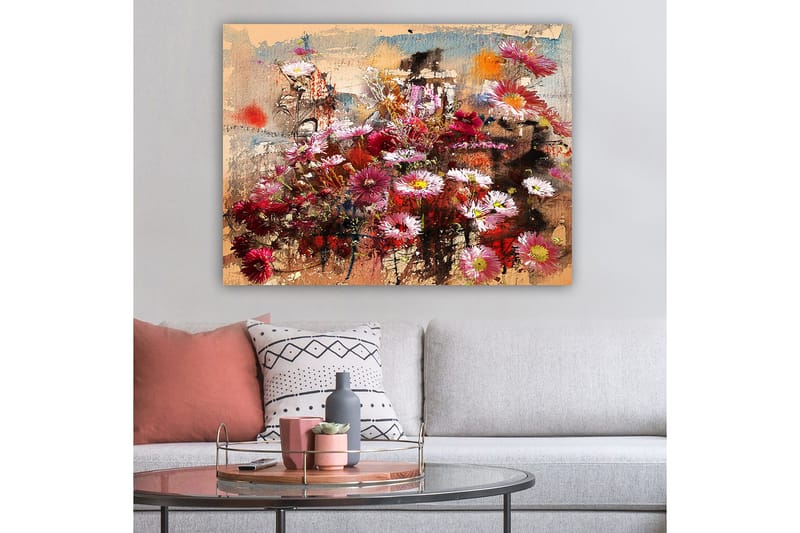 Lerretsbilde 70x100 cm - Fargerik blomsterkomposisjon i forskjellige nyanser som skaper en livlig og romantisk atmosfære - Rød / Rosa / Hvit - Innredning - Bilder & kunst - Lerretsbilder