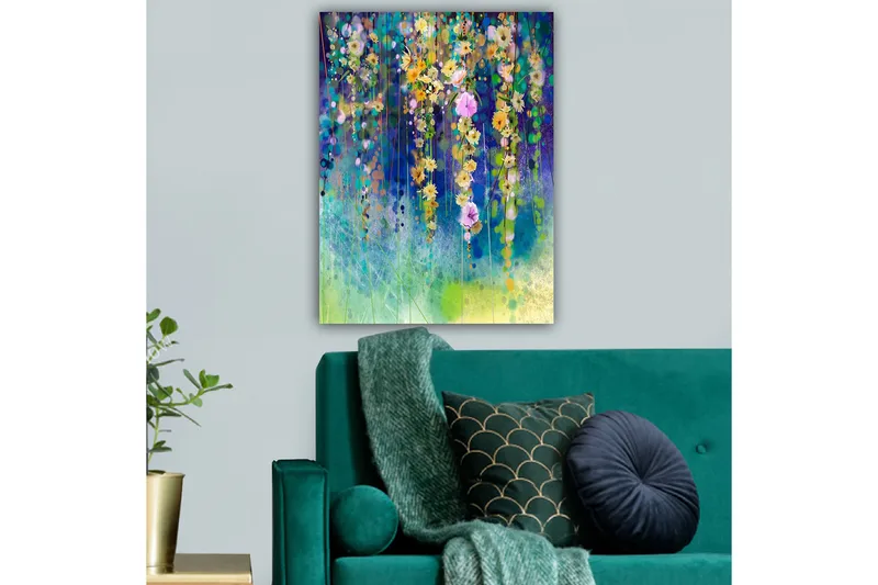 Lerretsbilde 70x100 cm - Fargerik blomsterkomposisjon med hengende blomster i forskjellige nyanser - Gul / Lilla / Grønn - Innredning - Bilder & kunst - Lerretsbilder