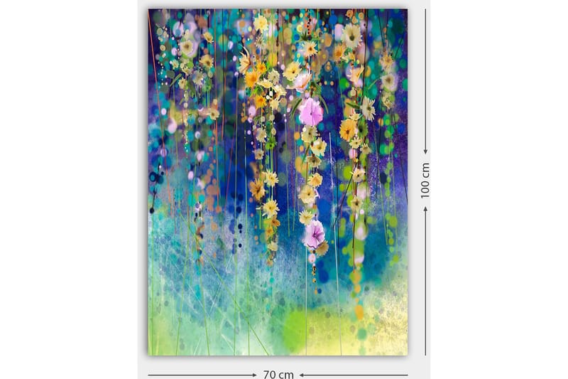 Lerretsbilde 70x100 cm - Fargerik blomsterkomposisjon med hengende blomster i forskjellige nyanser - Gul / Lilla / Grønn - Innredning - Bilder & kunst - Lerretsbilder