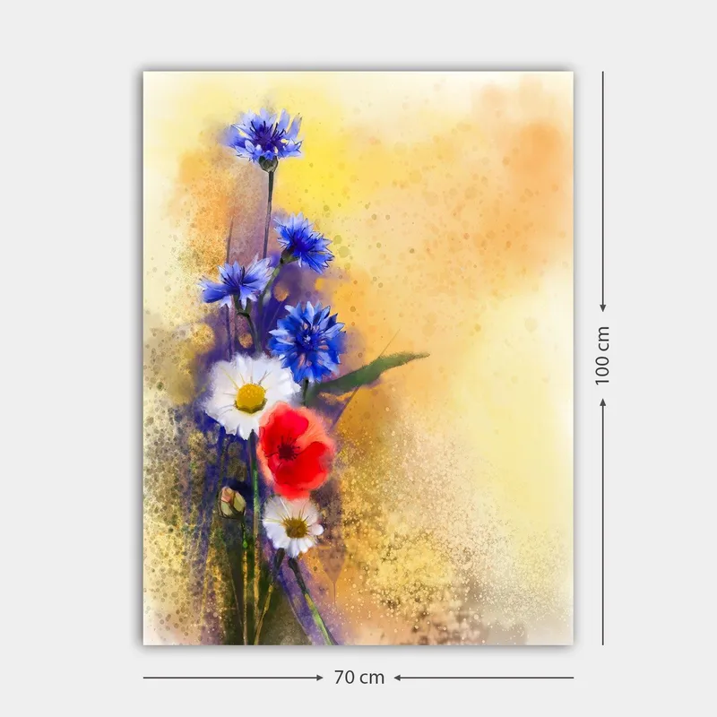 Lerretsbilde 70x100 cm - Fargerik bukett med blå og røde blomster mot en myk, varm bakgrunn - Blå / Rød / Hvit - Innredning - Bilder & kunst - Lerretsbilder