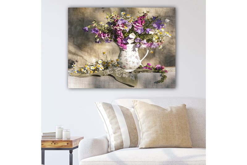 Lerretsbilde 70x100 cm - Fargerik bukett med blomster i forskjellige nyanser - Beige / Lilla / Brun - Innredning - Bilder & kunst - Lerretsbilder