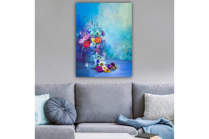 Lerretsbilde 70x100 cm - Fargerik bukett med blomster i forskjellige nyanser - Blå / Lilla / Rød - Innredning - Bilder & kunst - Lerretsbilder