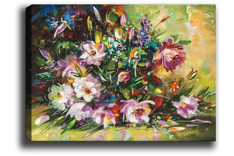 Lerretsbilde 70x100 cm - Fargerik bukett med blomster i forskjellige nyanser - Lilla / Grønn / Rosa - Innredning - Bilder & kunst - Lerretsbilder