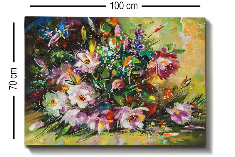 Lerretsbilde 70x100 cm - Fargerik bukett med blomster i forskjellige nyanser - Lilla / Grønn / Rosa - Innredning - Bilder & kunst - Lerretsbilder