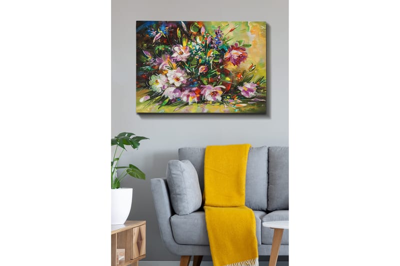 Lerretsbilde 70x100 cm - Fargerik bukett med blomster i forskjellige nyanser, Lilla / Grønn / Rosa