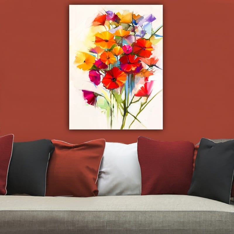 Lerretsbilde 70x100 cm - Fargerik bukett med blomster i forskjellige nyanser - Rød / Oransje / Lilla - Innredning - Bilder & kunst - Lerretsbilder