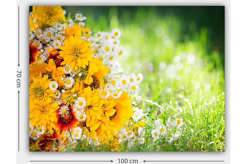 Lerretsbilde 70x100 cm - Fargerik bukett med gule blomster og hvite tusenfryd - Gul / Hvit / Oransje - Innredning - Bilder & kunst - Lerretsbilder