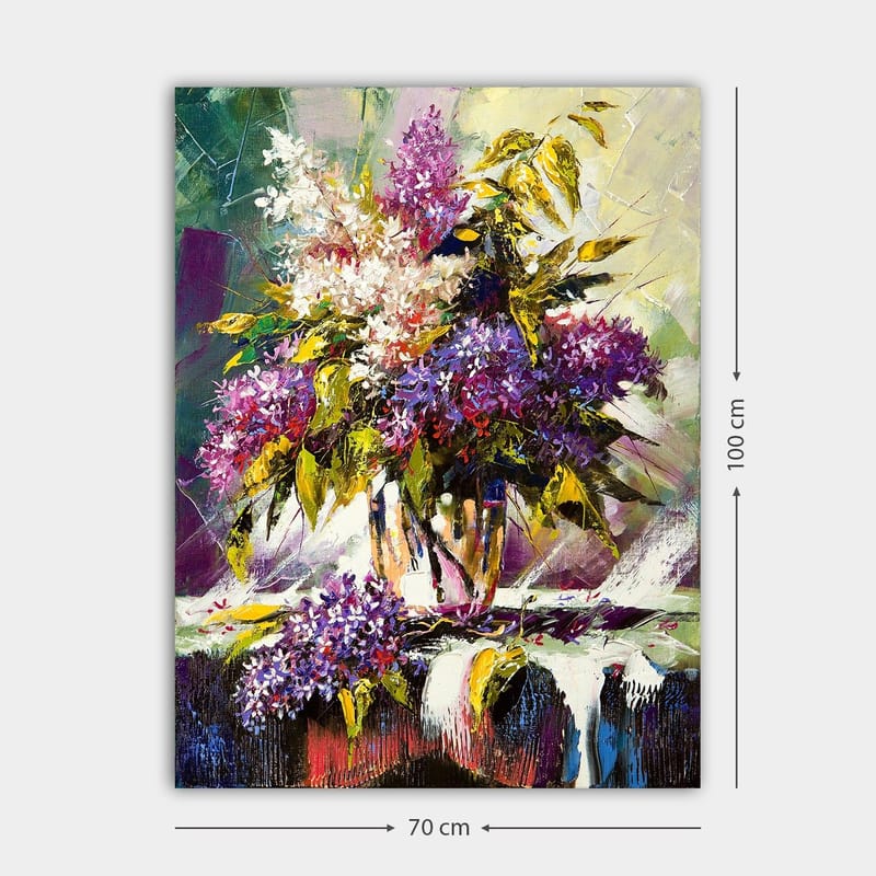 Lerretsbilde 70x100 cm - Fargerik bukett med liljer og grønne blader i en vase - Lilla / Grønn / Hvit - Innredning - Bilder & kunst - Lerretsbilder