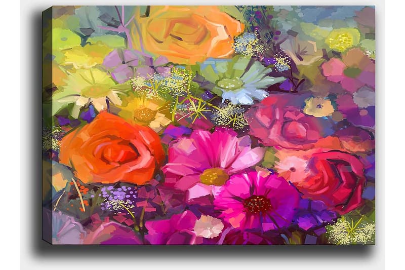 Lerretsbilde 70x100 cm - Fargerik bukett med roser og andre blomster i forskjellige nyanser - Rosa / Oransje / Lilla - Innredning - Bilder & kunst - Lerretsbilder
