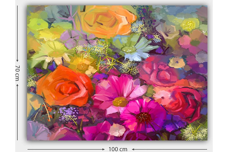 Lerretsbilde 70x100 cm - Fargerik bukett med roser og andre blomster i forskjellige nyanser - Rosa / Oransje / Lilla - Innredning - Bilder & kunst - Lerretsbilder