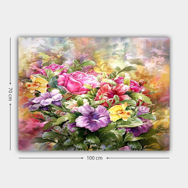 Lerretsbilde 70x100 cm - Fargerik bukett med roser og fioler i forskjellige nyanser - Rosa / Lilla / Gul - Innredning - Bilder & kunst - Lerretsbilder