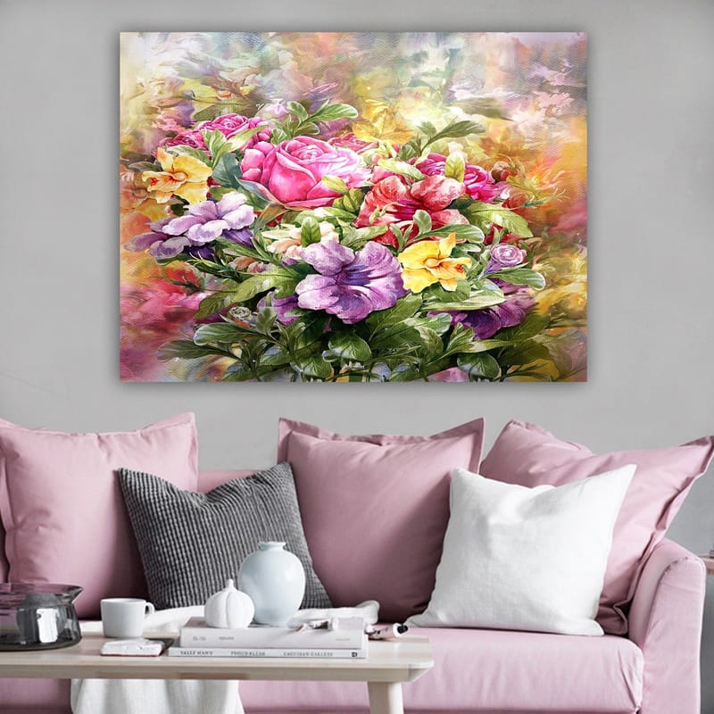 Lerretsbilde 70x100 cm - Fargerik bukett med roser og fioler i forskjellige nyanser - Rosa / Lilla / Gul - Innredning - Bilder & kunst - Lerretsbilder