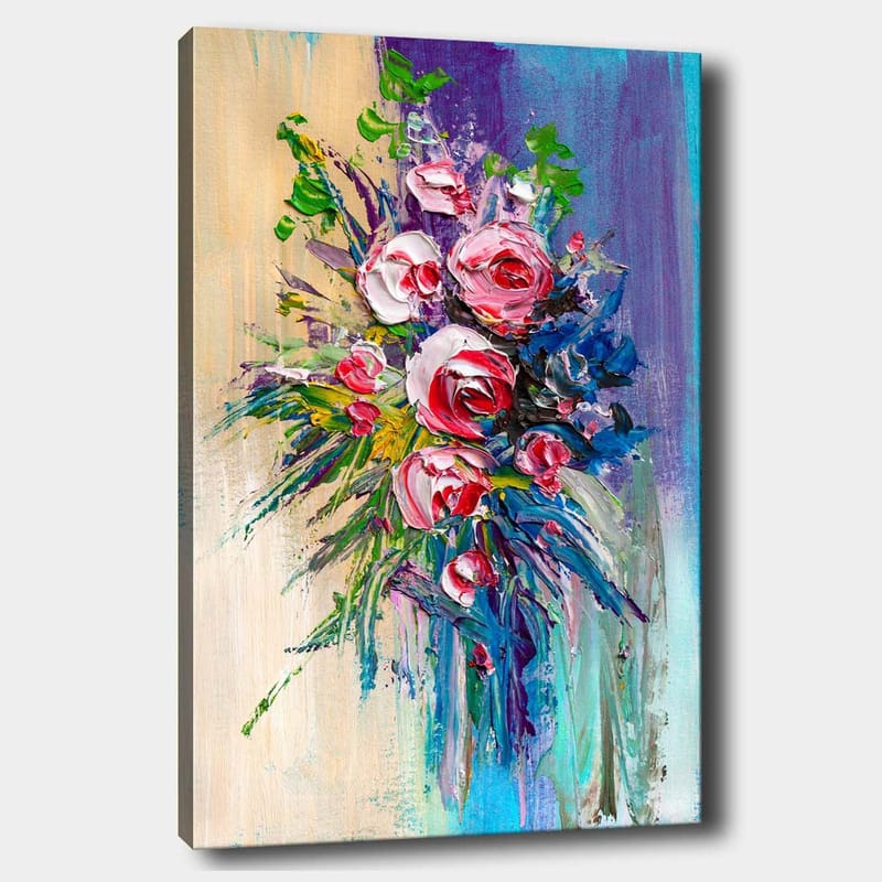Lerretsbilde 70x100 cm - Fargerik bukett med roser og grønne blader, Rosa / Grønn / Blå