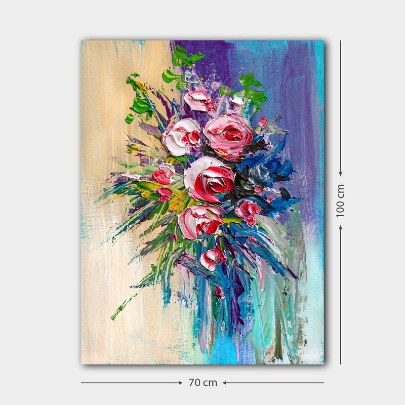 Lerretsbilde 70x100 cm - Fargerik bukett med roser og grønne blader - Rosa / Grønn / Blå - Innredning - Bilder & kunst - Lerretsbilder