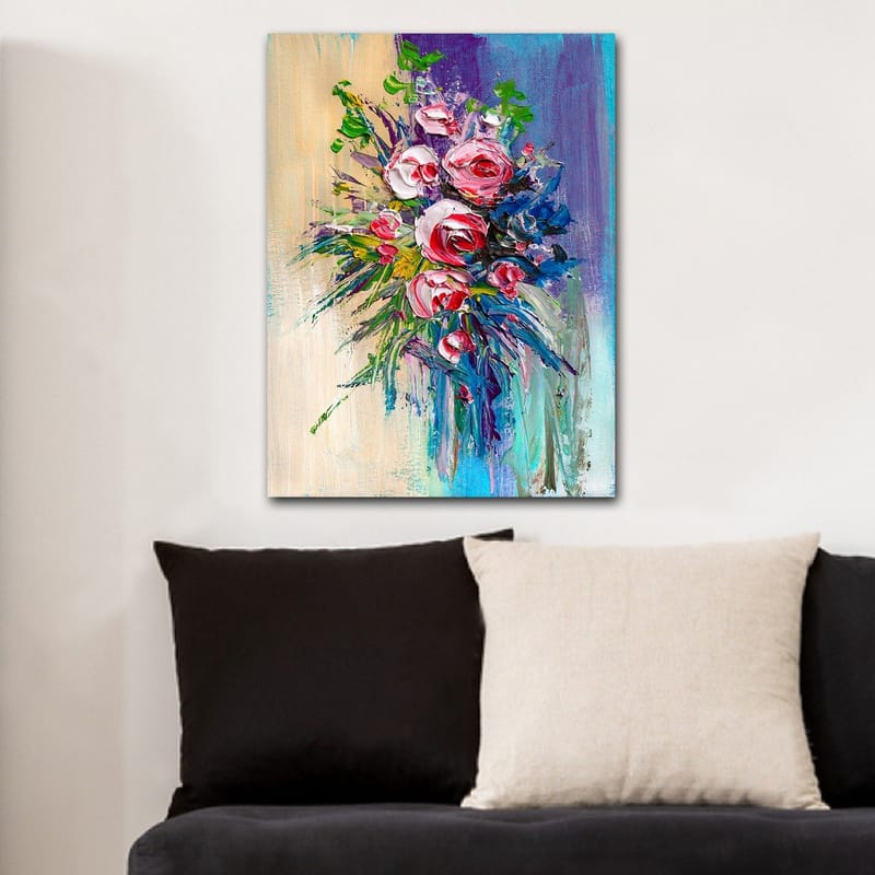 Lerretsbilde 70x100 cm - Fargerik bukett med roser og grønne blader - Rosa / Grønn / Blå - Innredning - Bilder & kunst - Lerretsbilder