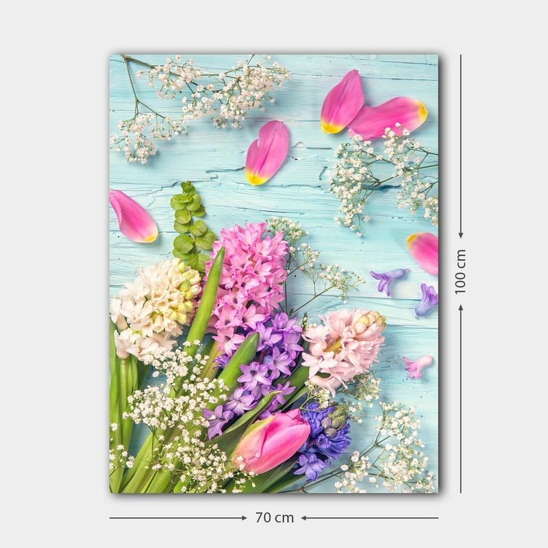 Lerretsbilde 70x100 cm - Fargerik bukett med tulipaner og hyasinter i forskjellige nyanser - Rosa / Lilla / Grønn - Innredning - Bilder & kunst - Lerretsbilder