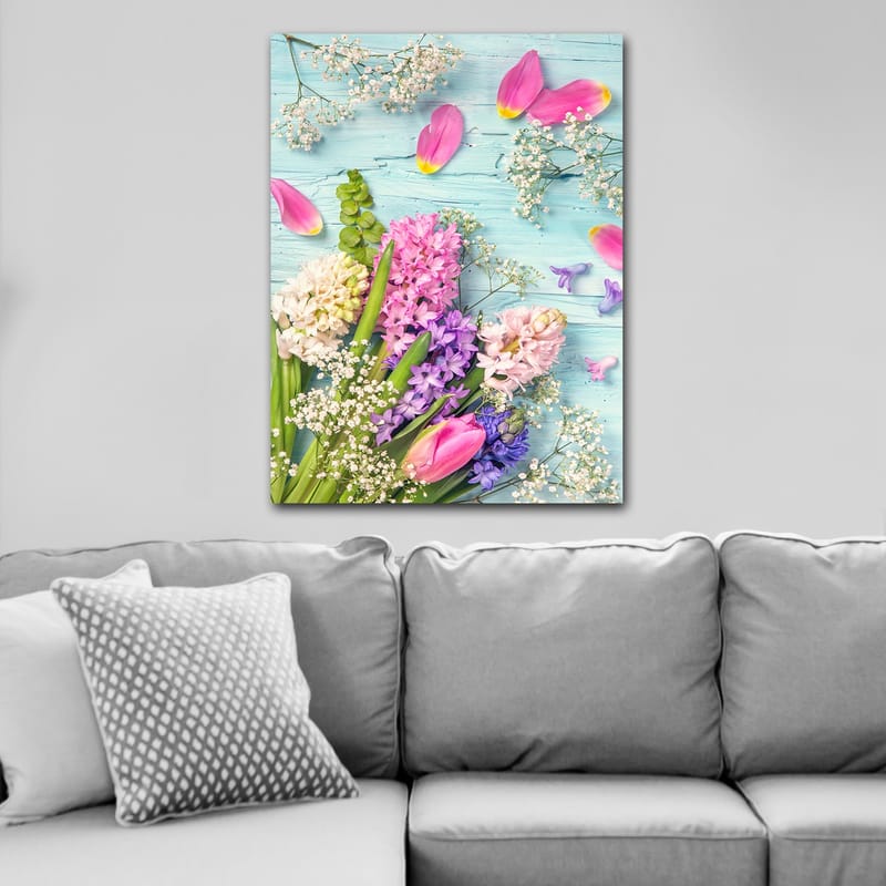 Lerretsbilde 70x100 cm - Fargerik bukett med tulipaner og hyasinter i forskjellige nyanser - Rosa / Lilla / Grønn - Innredning - Bilder & kunst - Lerretsbilder