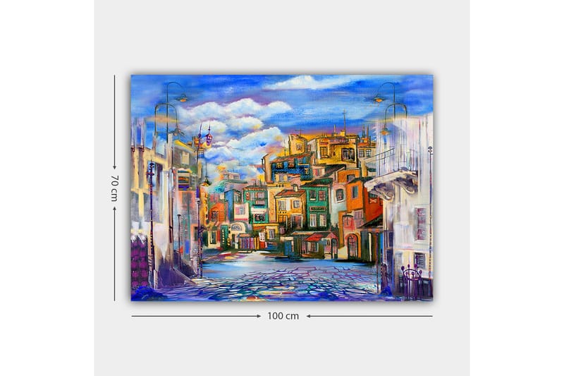 Lerretsbilde 70x100 cm - Fargerik bybilde med hus i forskjellige nyanser og en klar himmel - Blå / Grønn / Oransje - Innredning - Bilder & kunst - Lerretsbilder