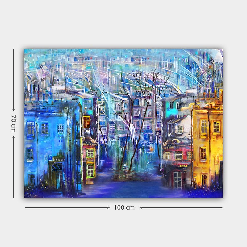 Lerretsbilde 70x100 cm - Fargerik bybilde med hus i forskjellige nyanser og trær under en regnfull himmel - Blå / Gul / Lilla - Innredning - Bilder & kunst - Lerretsbilder