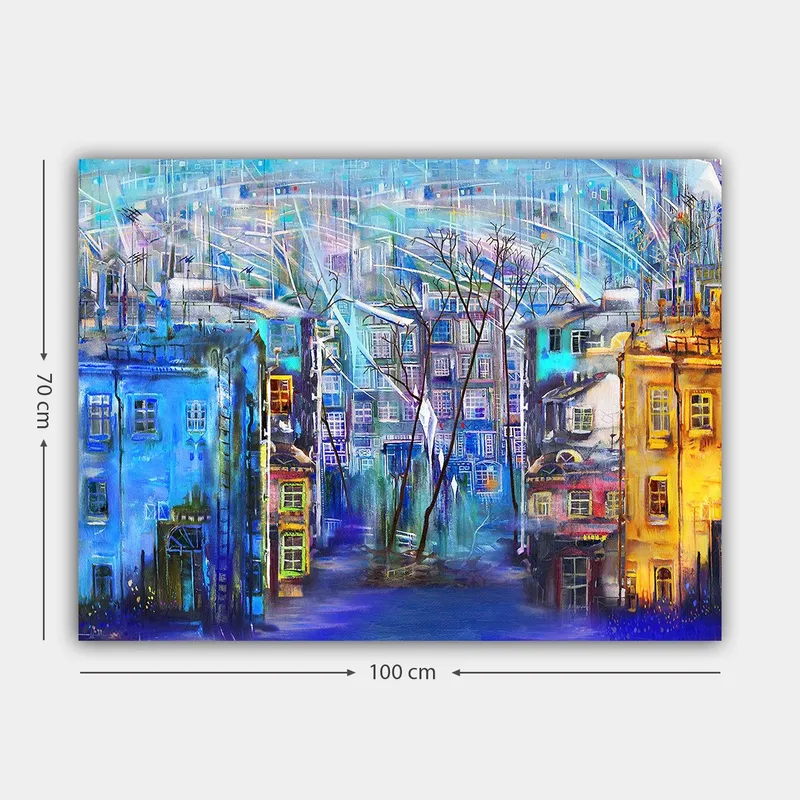 Lerretsbilde 70x100 cm - Fargerik bybilde med hus i forskjellige nyanser og trær under en regnfull himmel - Blå / Gul / Lilla - Innredning - Bilder & kunst - Lerretsbilder