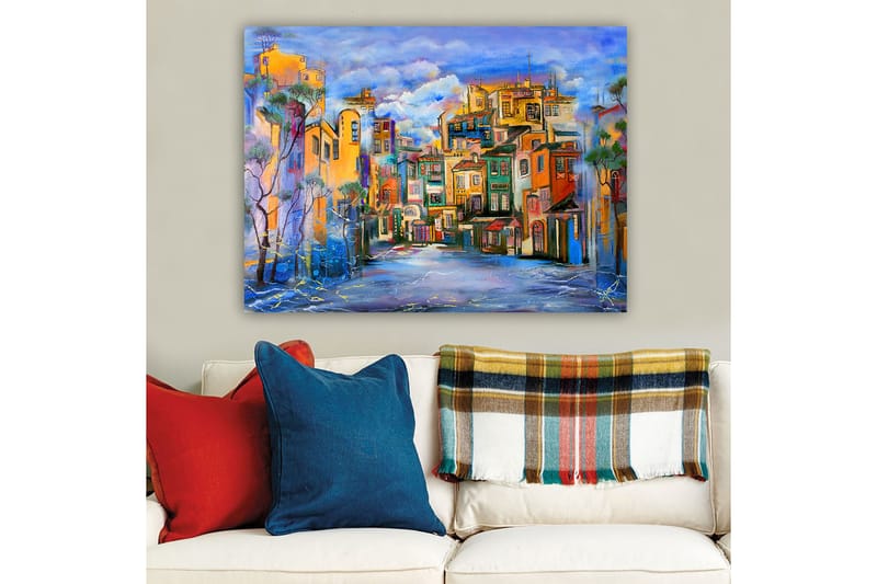 Lerretsbilde 70x100 cm - Fargerik bybilde med hus i forskjellige nyanser som skaper en livlig atmosfære - Gul / Grønn / Blå - Innredning - Bilder & kunst - Lerretsbilder