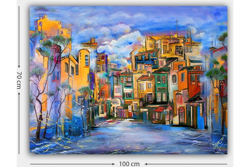 Lerretsbilde 70x100 cm - Fargerik bybilde med hus i forskjellige nyanser som skaper en livlig atmosfære - Gul / Grønn / Blå - Innredning - Bilder & kunst - Lerretsbilder