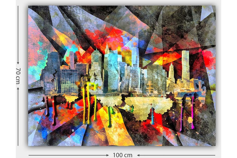 Lerretsbilde 70x100 cm - Fargerik bybilde som fanger en skyline med skyskrapere og refleksjoner i vannet - Blå / Rød / Gul - Innredning - Bilder & kunst - Lerretsbilder