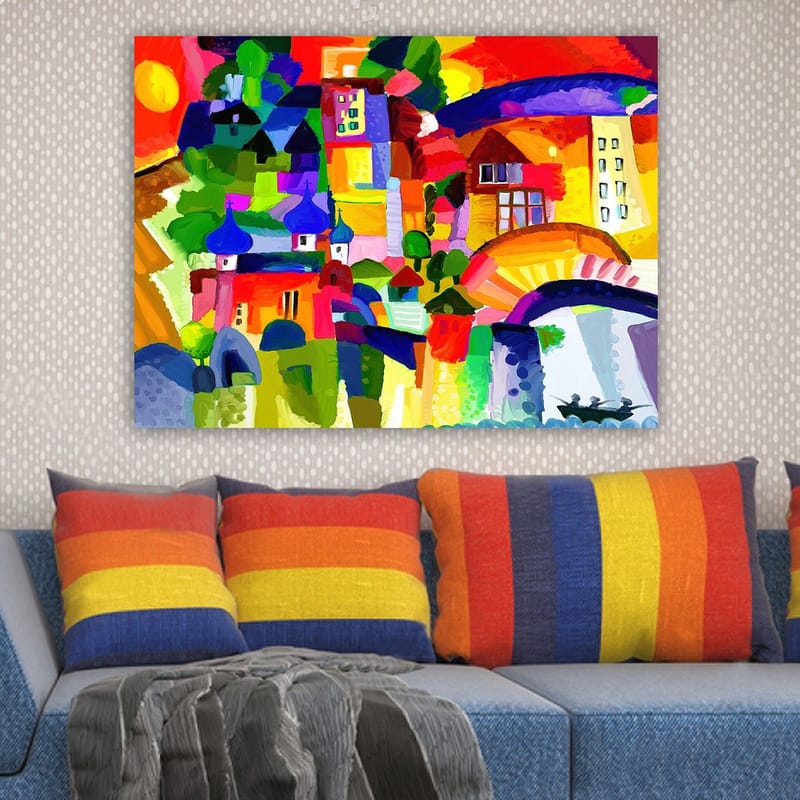 Lerretsbilde 70x100 cm - Fargerik byscene med tårn og bygninger under en solrik himmel - Rød / Grønn / Blå - Innredning - Bilder & kunst - Lerretsbilder