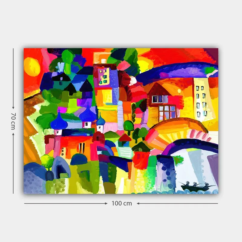 Lerretsbilde 70x100 cm - Fargerik byscene med tårn og bygninger under en solrik himmel - Rød / Grønn / Blå - Innredning - Bilder & kunst - Lerretsbilder