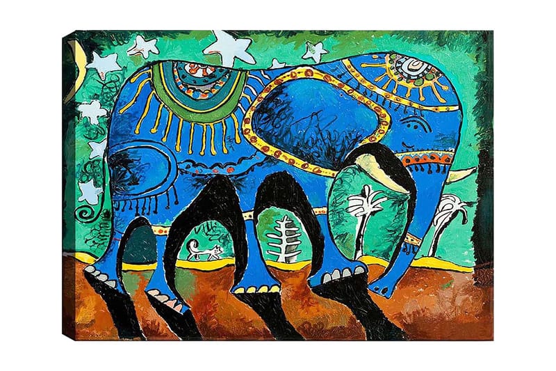 Lerretsbilde 70x100 cm - Fargerik elefant med dekorative mønstre og symboler - Blå / Grønn / Brun - Innredning - Bilder & kunst - Lerretsbilder
