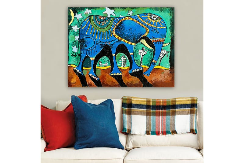 Lerretsbilde 70x100 cm - Fargerik elefant med dekorative mønstre og symboler - Blå / Grønn / Brun - Innredning - Bilder & kunst - Lerretsbilder