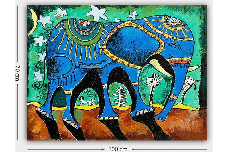 Lerretsbilde 70x100 cm - Fargerik elefant med dekorative mønstre og symboler - Blå / Grønn / Brun - Innredning - Bilder & kunst - Lerretsbilder