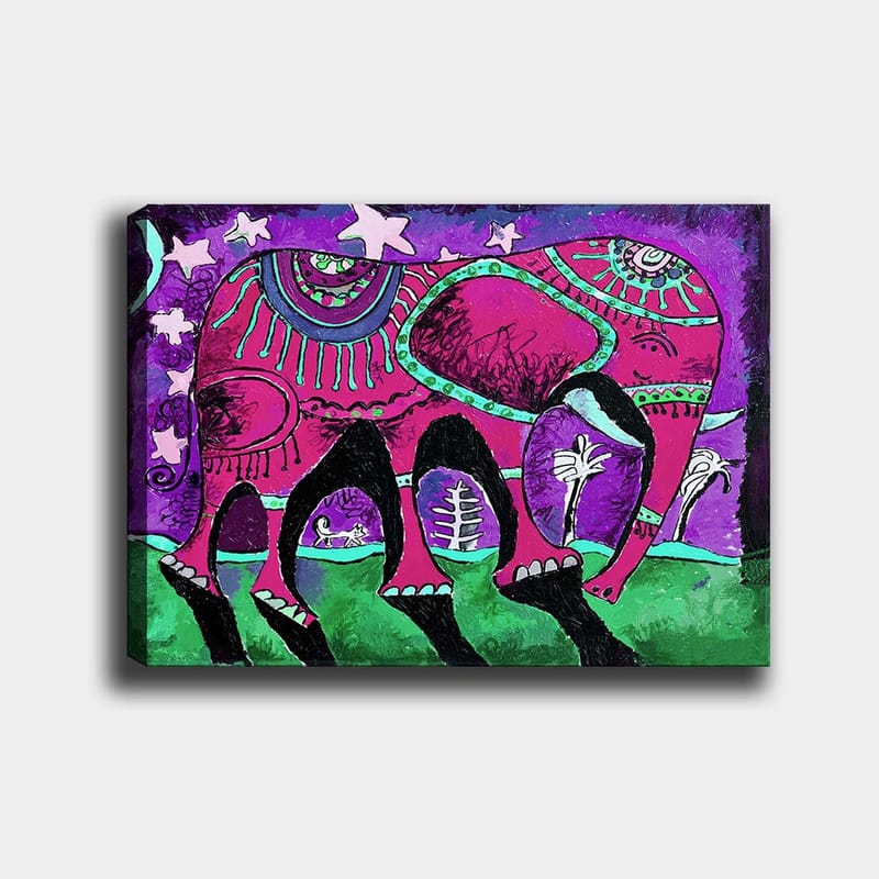 Lerretsbilde 70x100 cm - Fargerik elefant med dekorative mønstre og symboler - Lilla / Rosa / Grønn - Innredning - Bilder & kunst - Lerretsbilder
