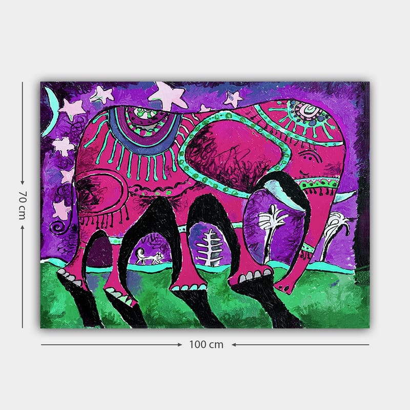Lerretsbilde 70x100 cm - Fargerik elefant med dekorative mønstre og symboler - Lilla / Rosa / Grønn - Innredning - Bilder & kunst - Lerretsbilder
