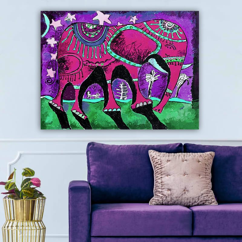 Lerretsbilde 70x100 cm - Fargerik elefant med dekorative mønstre og symboler - Lilla / Rosa / Grønn - Innredning - Bilder & kunst - Lerretsbilder