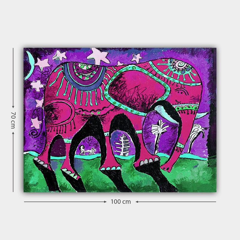 Lerretsbilde 70x100 cm - Fargerik elefant med dekorative mønstre og symboler - Lilla / Rosa / Grønn - Innredning - Bilder & kunst - Lerretsbilder