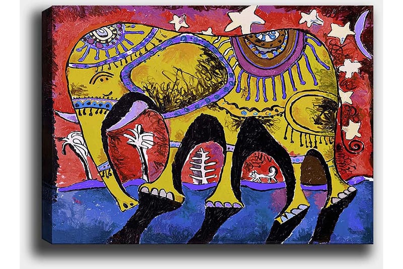 Lerretsbilde 70x100 cm - Fargerik elefant med dekorative mønstre på en livlig bakgrunn - Gul / Rød / Blå - Innredning - Bilder & kunst - Lerretsbilder