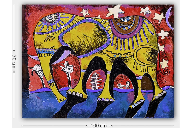 Lerretsbilde 70x100 cm - Fargerik elefant med dekorative mønstre på en livlig bakgrunn - Gul / Rød / Blå - Innredning - Bilder & kunst - Lerretsbilder