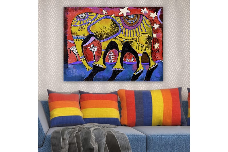 Lerretsbilde 70x100 cm - Fargerik elefant med dekorative mønstre på en livlig bakgrunn - Gul / Rød / Blå - Innredning - Bilder & kunst - Lerretsbilder